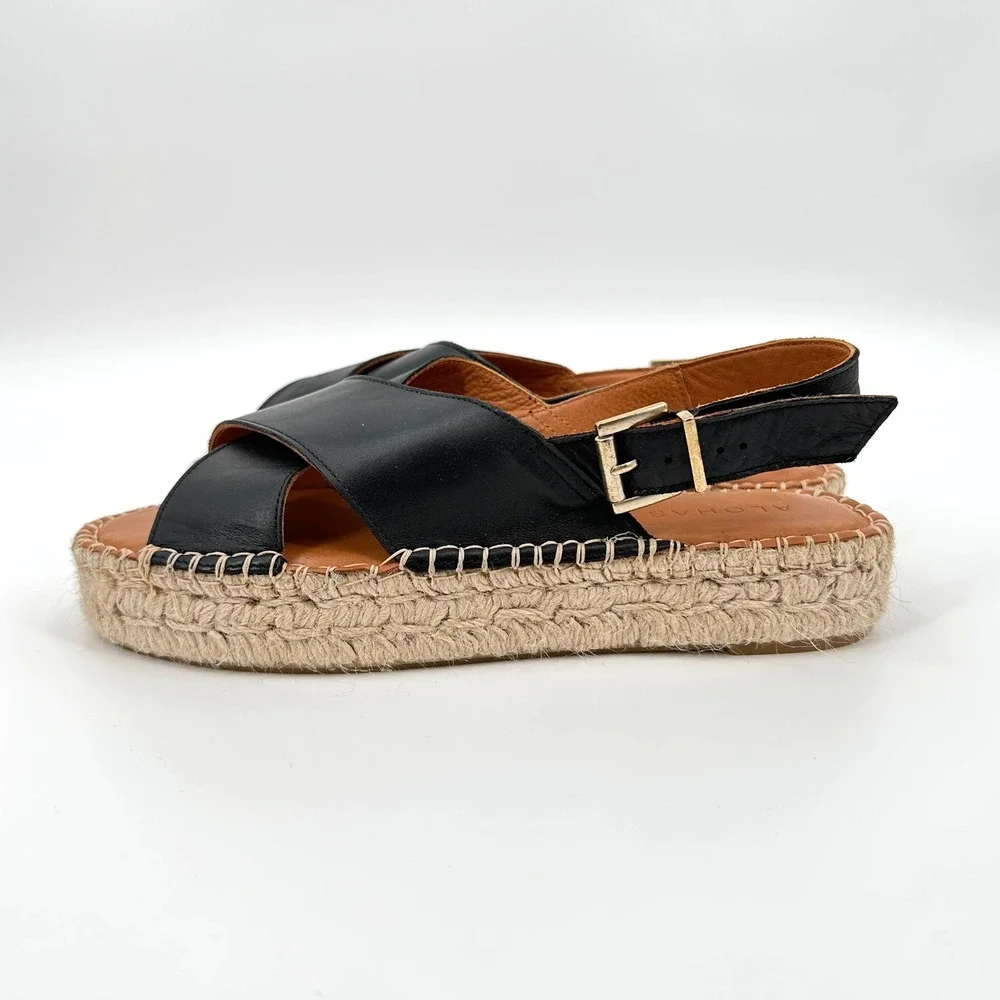 ALOHAS Women Black Leather Crossed Espadrille Platform Sandals 38‎ / US 7-7.5